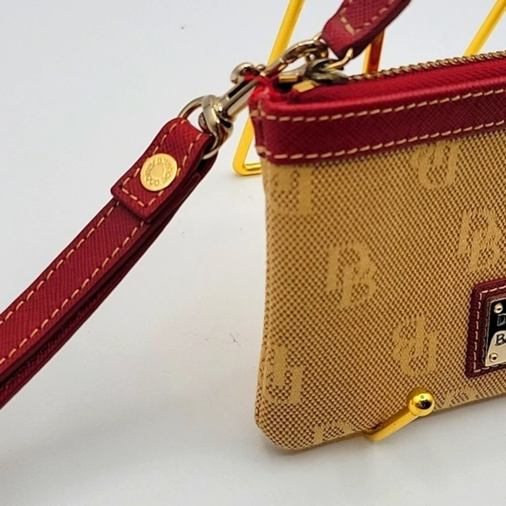 DOONEY & BOURKE Wristlet Tan Canvas DB Logo Red Leather Key Chain inside